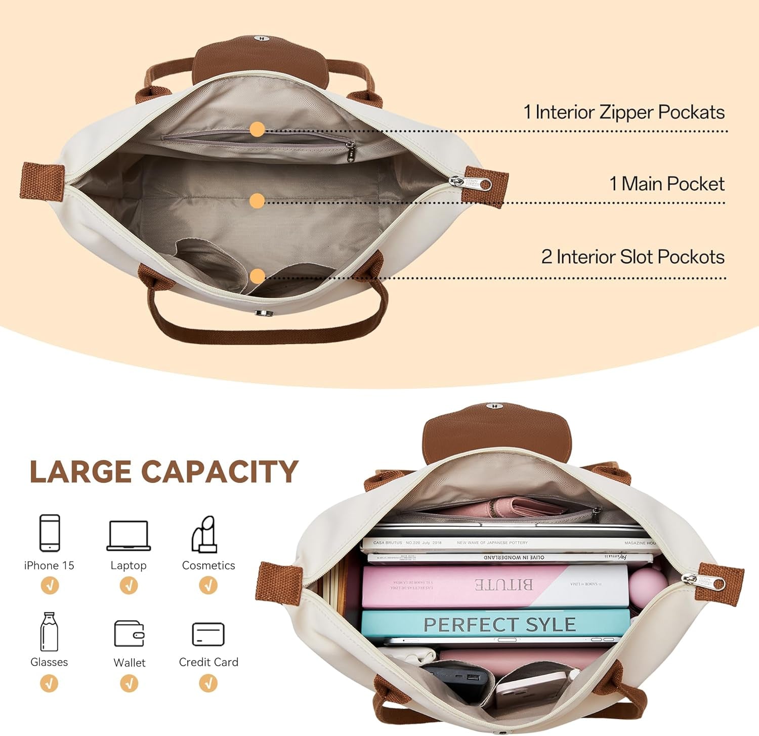 KALIDI Large Handbags for Women Foldable Tote Bag with Zip Waterproof Nylon Women'S Totes Top-Handle Bags for Work,School,Travel,Leisure,Shopping