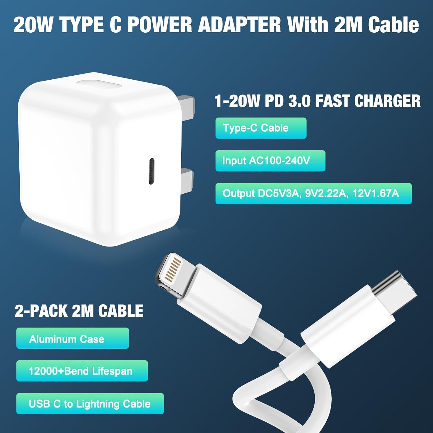 For Iphone Charger Fast Charge, 2Pack PD 20W Fast Apple Charger Cable 2M, Iphone Fast Charger Plug with USB C to Lightning Cable for Iphone 14 13 12 11 Pro Max XS XR X 8 7 6 Plus, Ipad and Ipod
