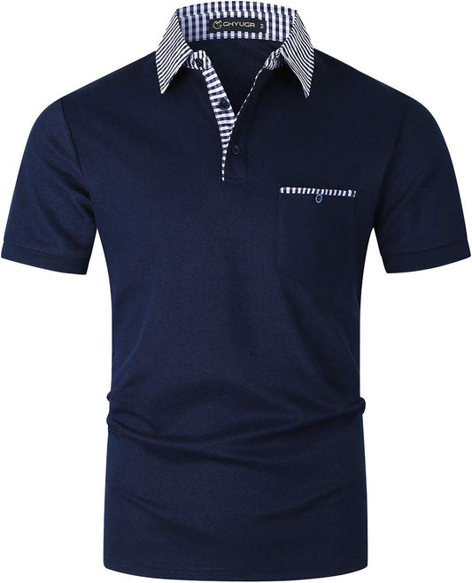 Men'S Short Sleeve Polo Shirts Classic Plaid Splice Golf Tennis T-Shirt