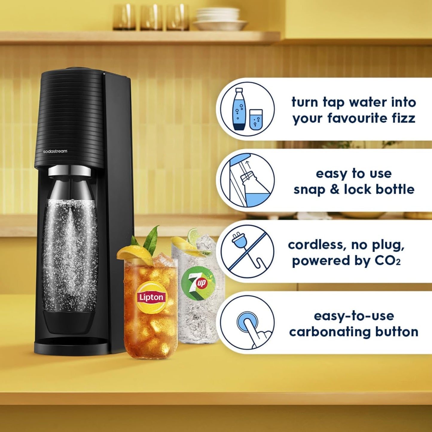 - Terra Sparkling Water Maker, Quick Connect CO2 System, Includes 60L Gas Cylinder, Bpa-Free 1L Bottle, Eco-Friendly & Reduces Plastic Waste, Black