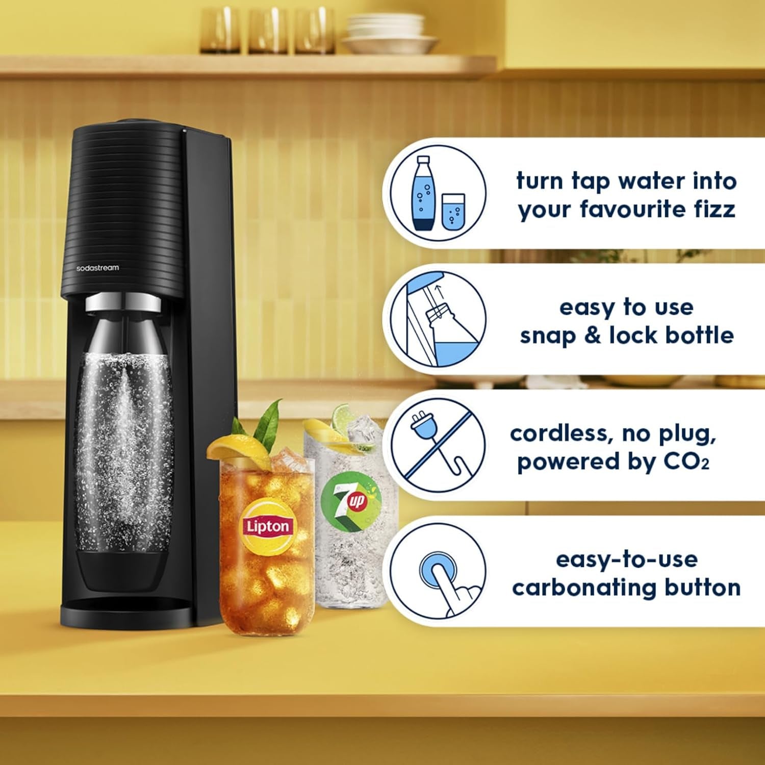 - Terra Sparkling Water Maker, Quick Connect CO2 System, Includes 60L Gas Cylinder, Bpa-Free 1L Bottle, Eco-Friendly & Reduces Plastic Waste, Black