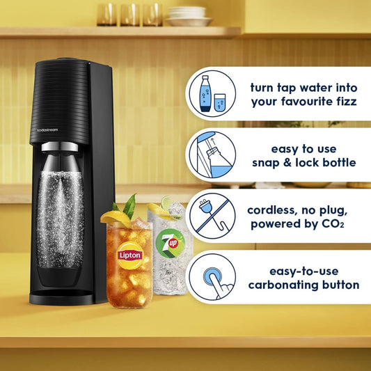 - Terra Sparkling Water Maker, Quick Connect CO2 System, Includes 60L Gas Cylinder, Bpa-Free 1L Bottle, Eco-Friendly & Reduces Plastic Waste, Black