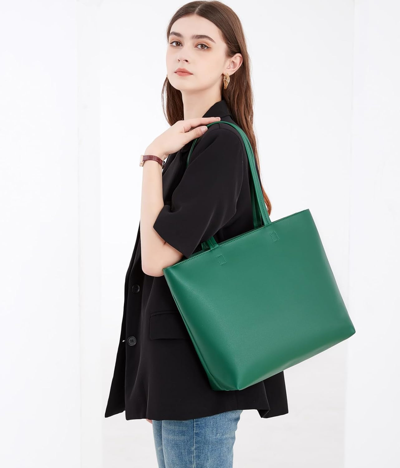 Ladies Tote Bags Simple PU Leather Handbags Work School Shopping Bags for Women with Zip and Inner Pocket
