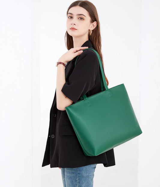 Ladies Tote Bags Simple PU Leather Handbags Work School Shopping Bags for Women with Zip and Inner Pocket