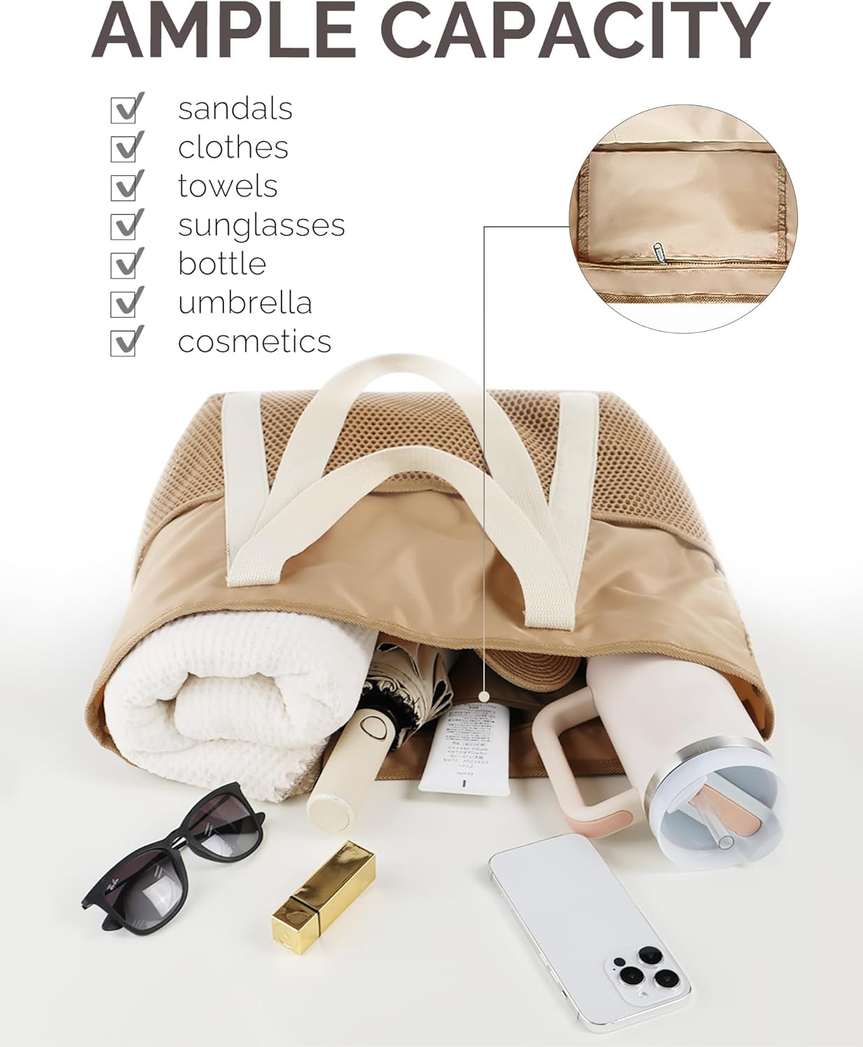 Beach Tote Bag for Women with Zip and Pockets Large Waterproof Mesh Holiday Handbag for Travel Swimming Pool Shopping Gym