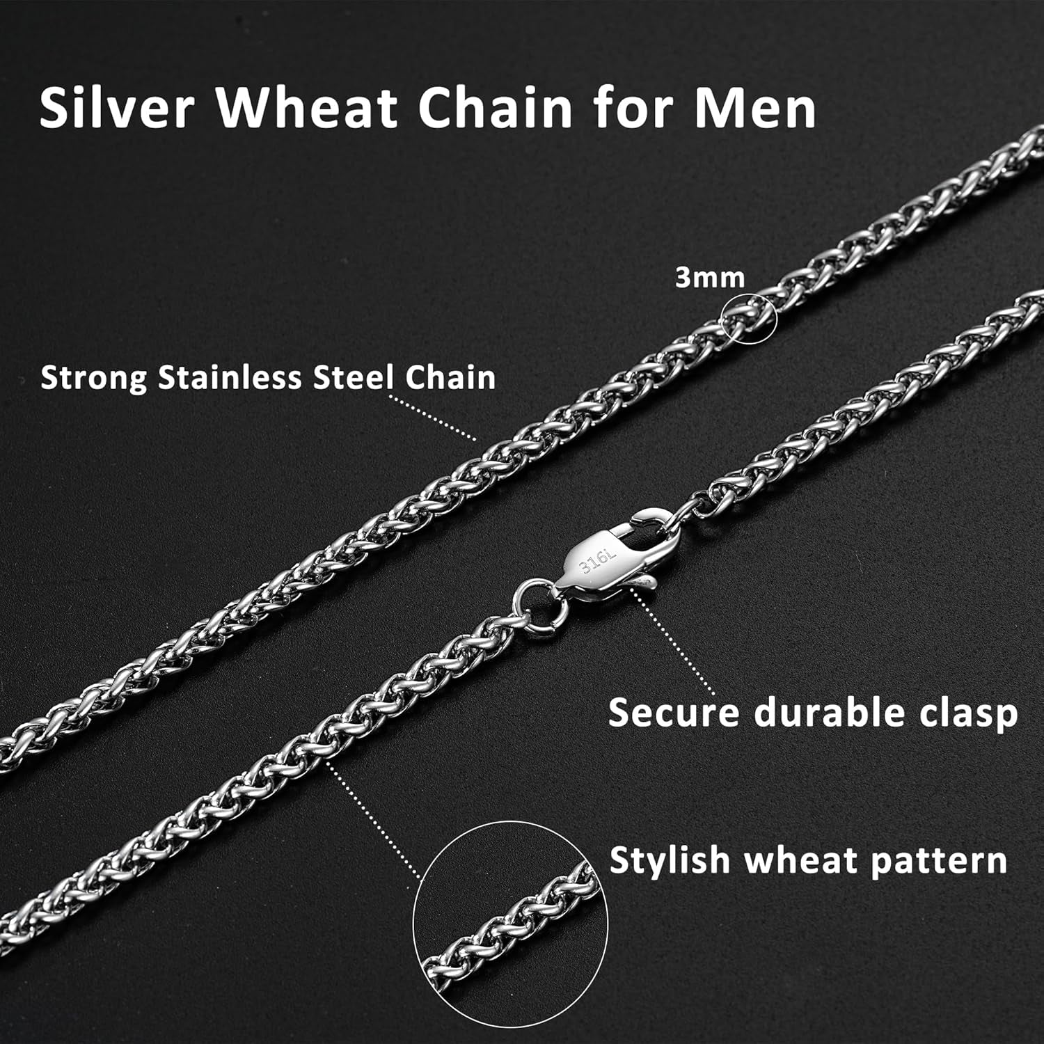 2/3Mm Silver Box/Wheat Stainless Steel Chain for Men, Fade-Proof and Durable Mens Silver Chain Neckalce Ideal Pendants Choice Jewellery Gift 18/20/22/24 Inch