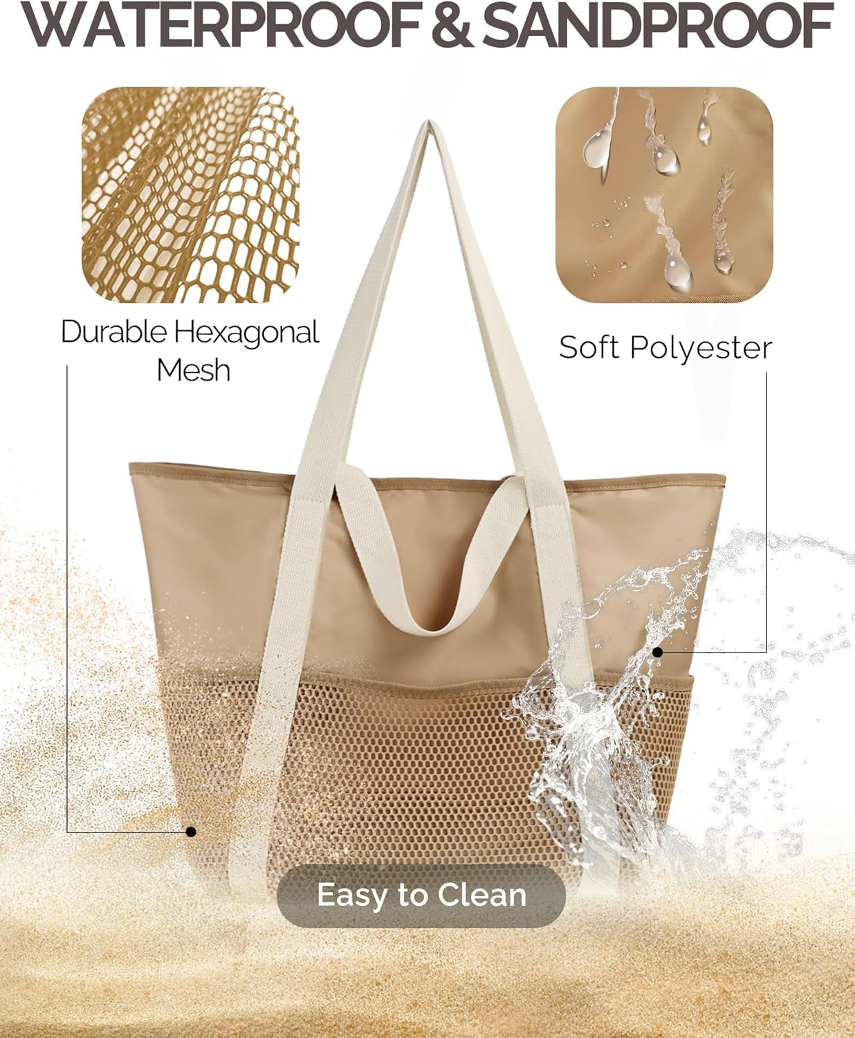 Beach Tote Bag for Women with Zip and Pockets Large Waterproof Mesh Holiday Handbag for Travel Swimming Pool Shopping Gym