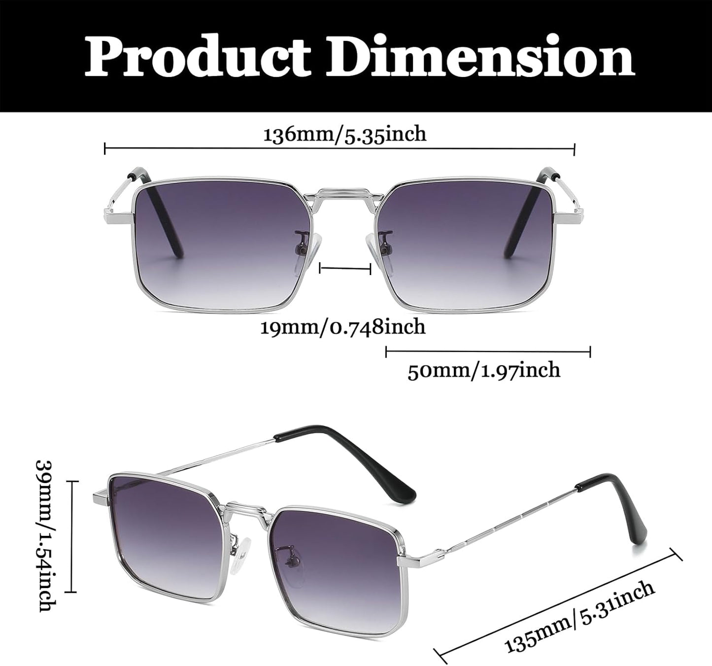 Rectangle Sunglasses Metal Frame for Men Women Retro Square Sunglasses Tinted Lens 90S Vintage Shades UV400 Protection