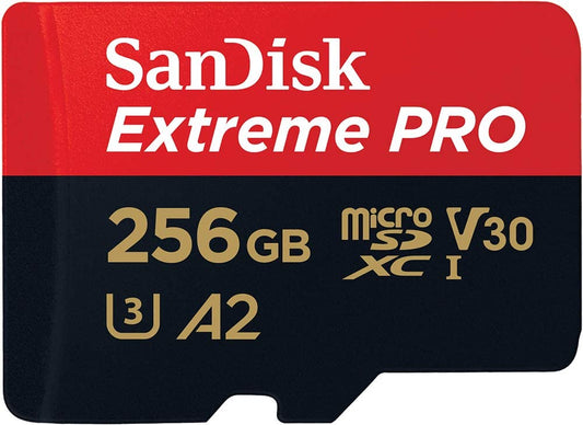 Extreme PRO Micro SD Card 256GB + SD Adapter (For Smartphones, Action Cams, Drones, Speeds up to 200 Mb/S, A2 App Performance + Rescuepro Deluxe UHS-I, Class 10, U3)