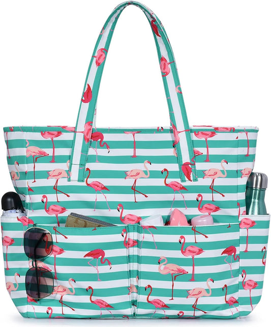 Large Beach Bag with 8 Pockets, Waterproof Beach Bags for Women, Sandproof Summer Beach Tote Bag Holiday Essentials Shopping Bag Travel Bag Handbags for Pool Gym