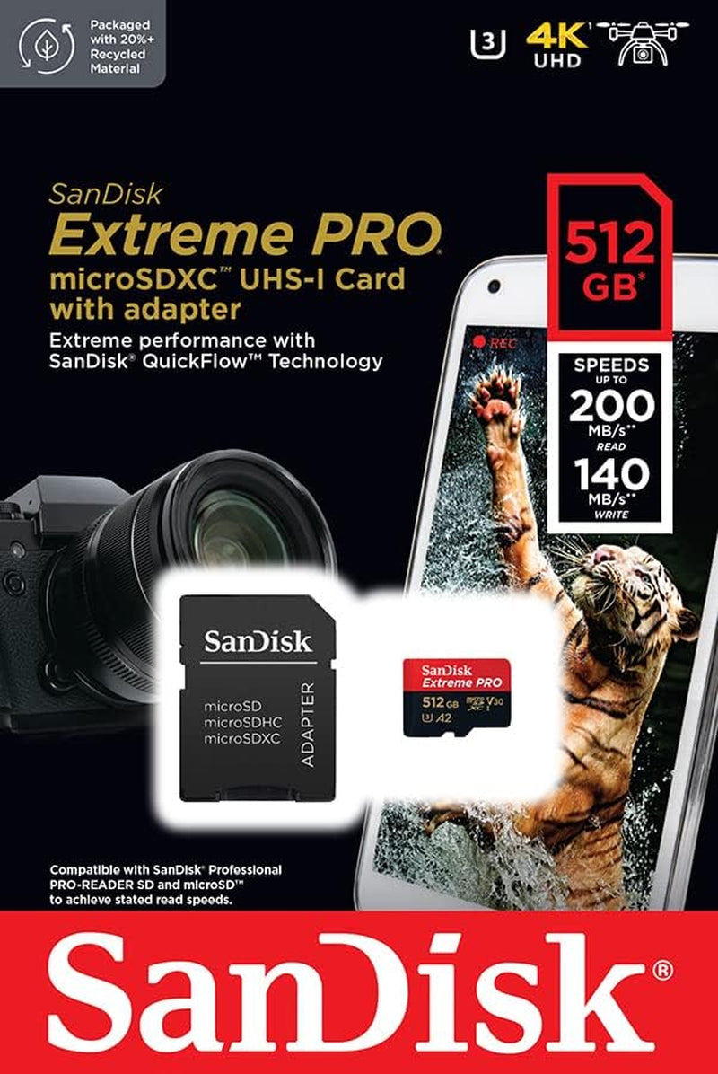 512GB Extreme PRO Microsdxc Card + Rescuepro Deluxe, up to 200 Mb/S, with A2 App Performance, for Smartphones, Action Cameras or Drones UHS-I Class 10 U3 V30, Black