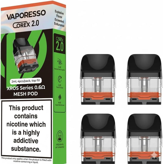 XROS Replacement Pods 0.6 Ohm [Pack of 4] - Upgraded Corex 2.0, Refillable, 2Ml Capacity, Top Fill, Compatible XROS5, XROS4, XROS3, XROSMINI5, XROSMINI4, XROSMINI3, No Nicotine No Liquid