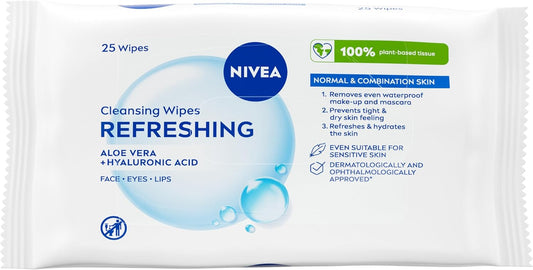 Refreshing 3-In-1 Cleansing Face Wipes for Normal Skin (25 Sheets), Plant-Based Makeup Wipes, Gentle yet Effective Face Cleanser with Aloe Vera and Hyaluronic Acid