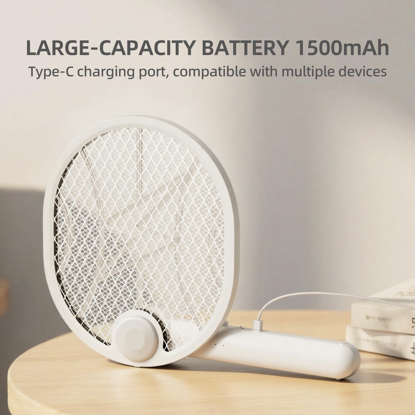 Electric Fly Swatter,4000V Electric Mosquito Swatter with 180-Degree Rotatable Head,Rechargeable 1500Mah Battery Fly Zapper, Portable Insect Killer for Home, Camping & Outdoor, Fly Zapper （White）