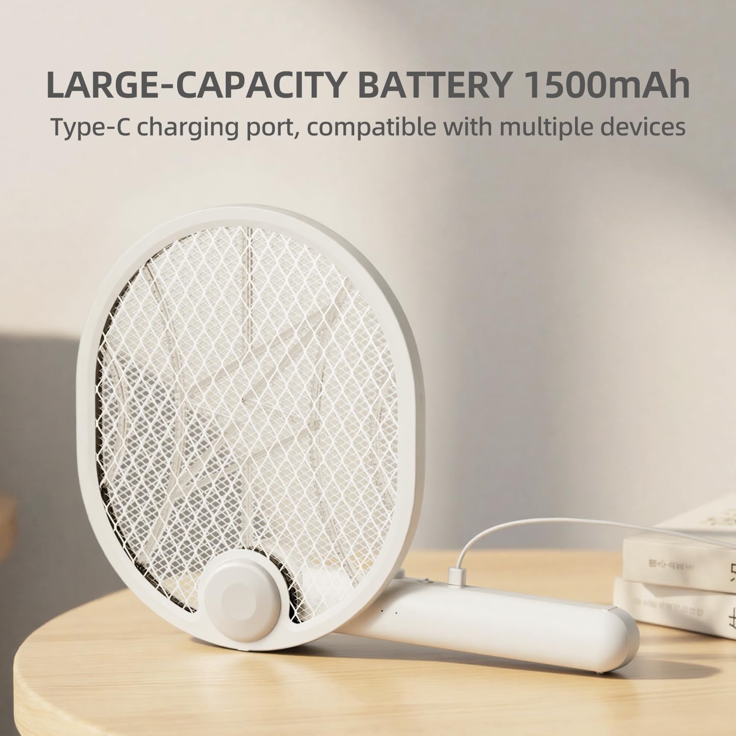 Electric Fly Swatter,4000V Electric Mosquito Swatter with 180-Degree Rotatable Head,Rechargeable 1500Mah Battery Fly Zapper, Portable Insect Killer for Home, Camping & Outdoor, Fly Zapper （White）