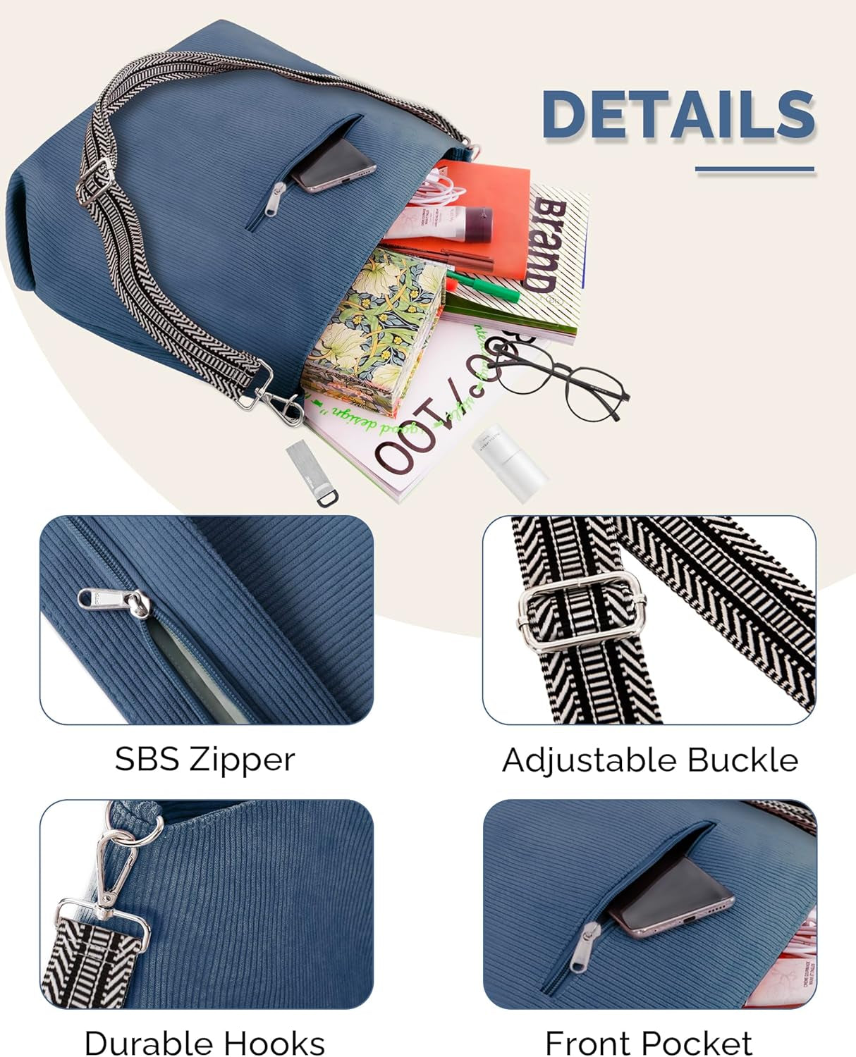 Corduroy Tote Bag for Women with Zipper, Large Capacity Shoulder Bags with Adjustable Strap and Pockets Waterproof Handbag for Work School Shopping Travel College