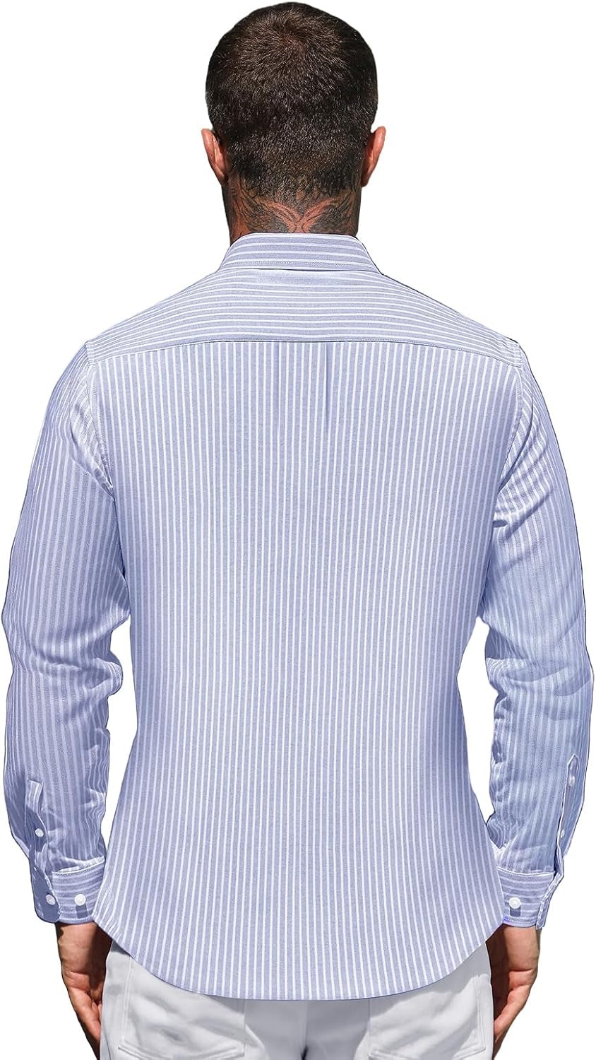 Men'S Long Sleeve Oxford Shirts Casual Business Classic Striped Shirt 100% Cotton Non Iron Button down Shirt with Pocket
