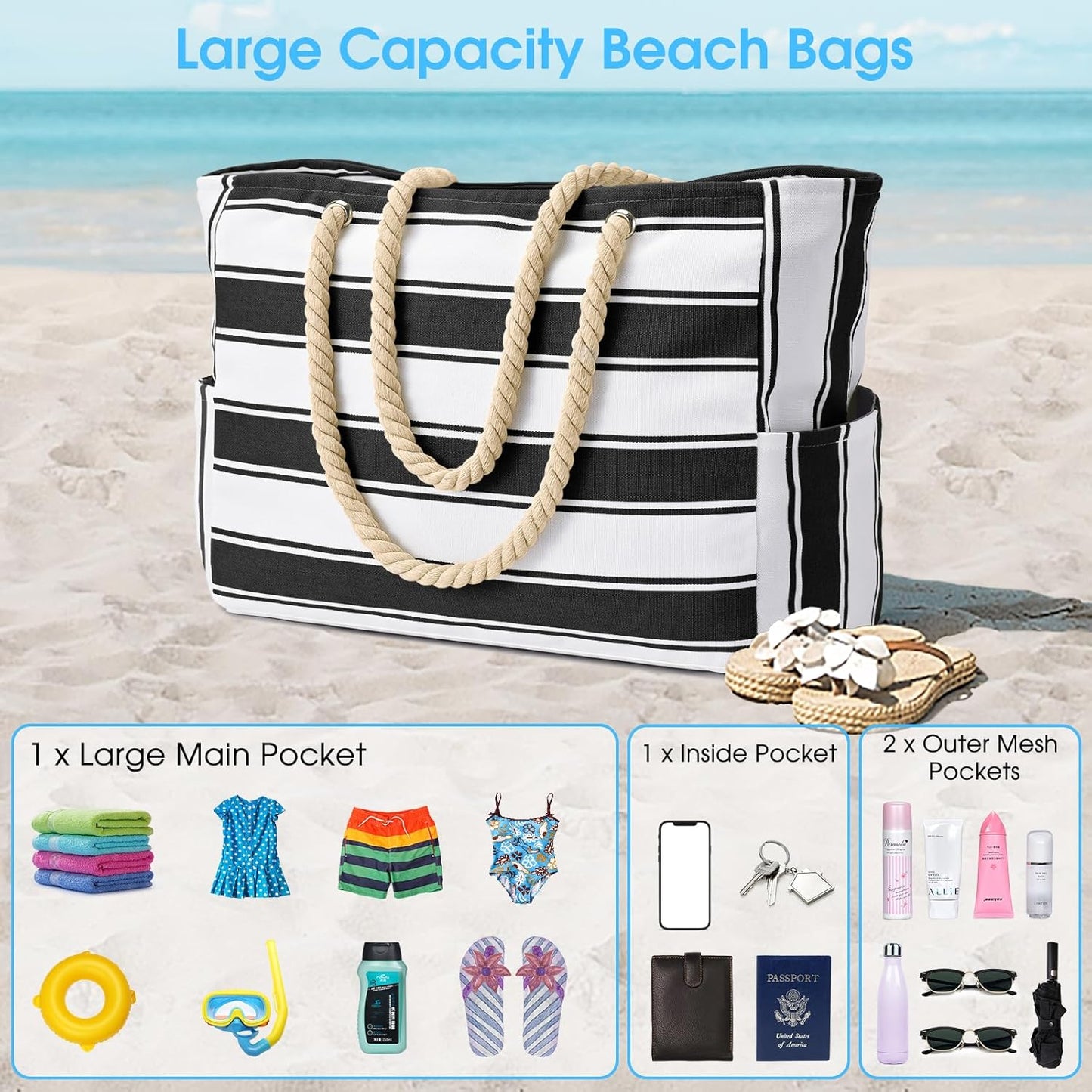 Beach Bag Large Waterproof Beach Tote Bags with Zip and Rope Handle Summer Holiday Essentials Shoulder Handbags for Travel Shopping Pool Gym Picnic