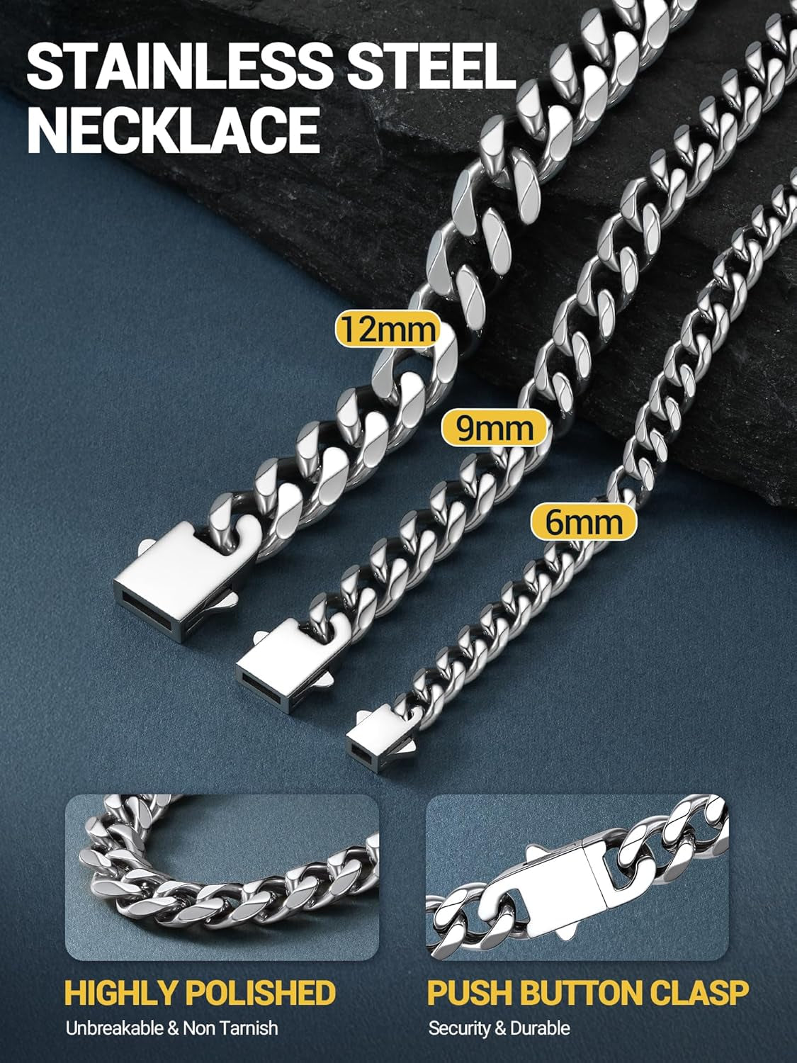 Men Cuban Chain Necklace with Sturdy Clasp 6/9/12Mm Width 18-30 Inch Length Chunky Necklace Silver/Gold Plated/Black 316L Stainless Steel Hip Hop Jewellery (Send Box)