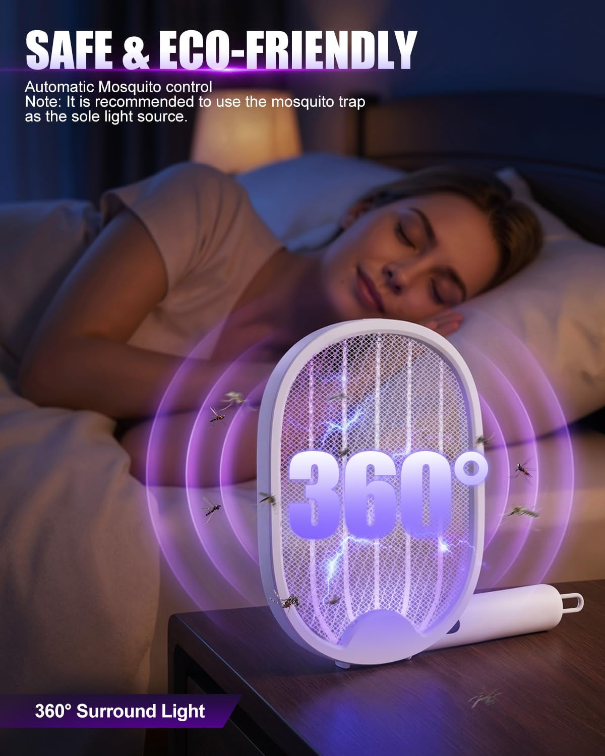 Fly Zapper, Foldable Electric Mosquito Swatter 4000V, 1800Mah Rechargeable Bug Zapper Racket with Auto & Manual Mode, 180° Portable Mosquito Killer, Safe 3-Layer Mesh for Indoor & Outdoor Use