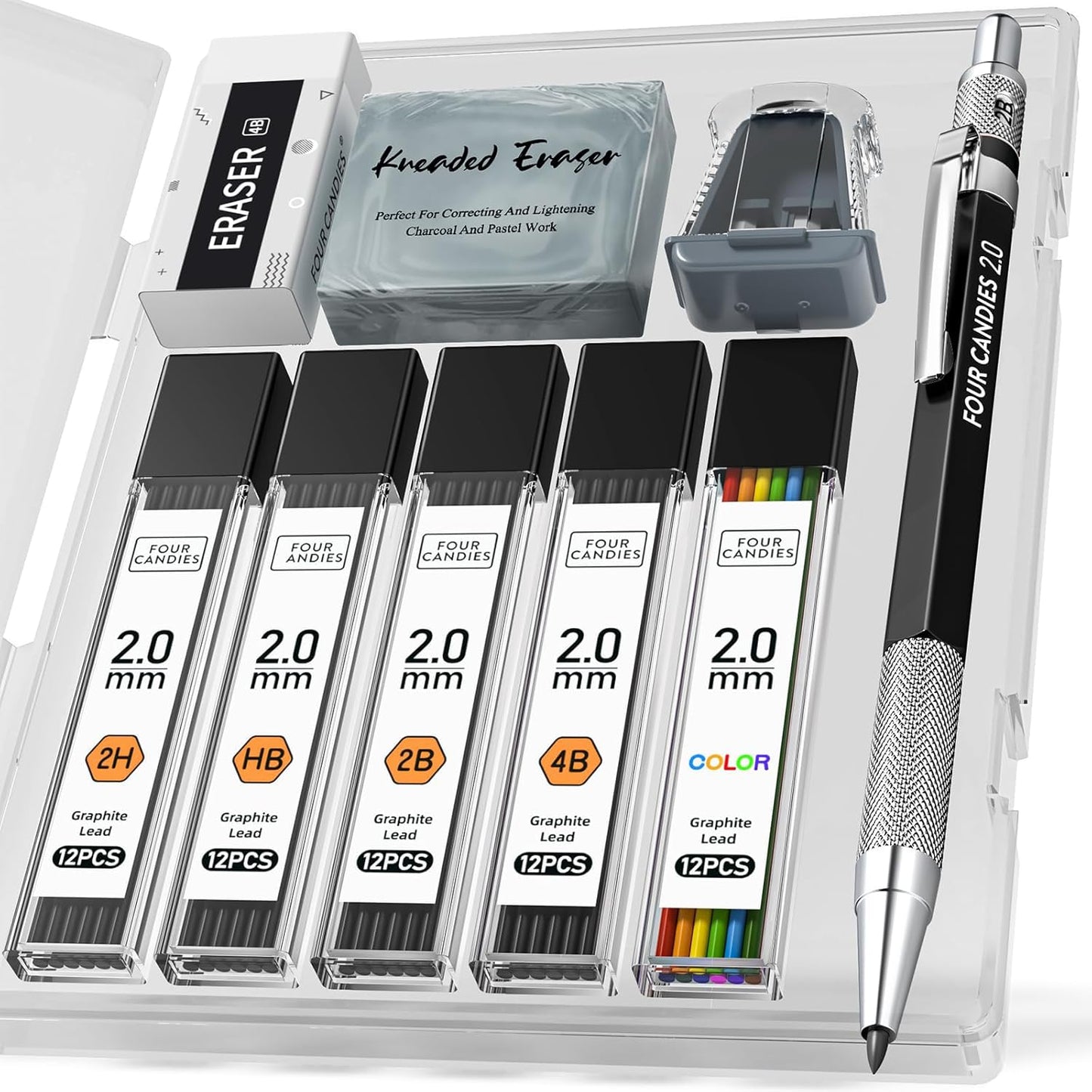 2MM Mechanical Pencil Set with Case, Artist Lead Pencil Metal Lead Holder with 60PCS Graphite Led Refill (HB, 2H, 2B, 4B, Color) Kneaded Eraser, Sharpener for Writing, Drawing, Sketching