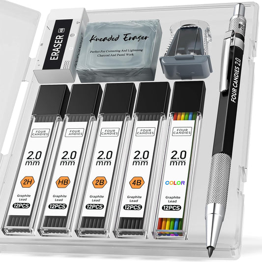 2MM Mechanical Pencil Set with Case, Artist Lead Pencil Metal Lead Holder with 60PCS Graphite Led Refill (HB, 2H, 2B, 4B, Color) Kneaded Eraser, Sharpener for Writing, Drawing, Sketching