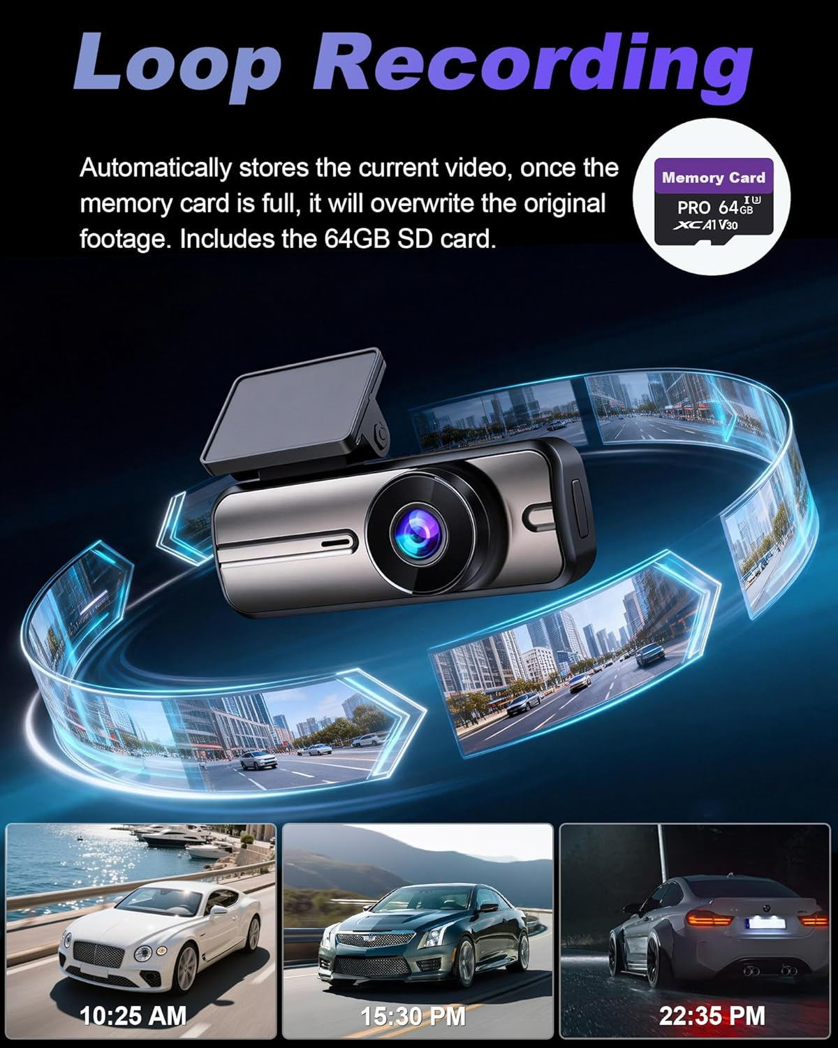 Dash Cam Front and Rear 4K+1080P, 5Ghz Wifi, Dual Dashcam with 64GB Card, App Control, G-Sensor Emergency Recording, Loop Recording, 24H Parking Mode Supports, Dash Camera for Cars