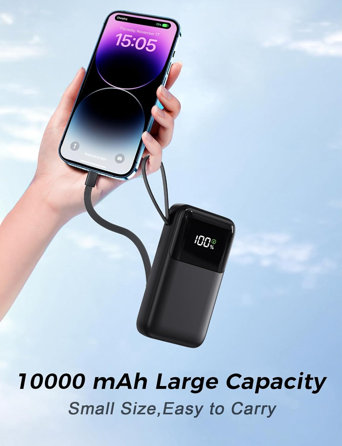 Power Bank Fast Charging, 10000Mah Portable Charger, 22.5W Phone Battery Pack with LCD Display, Built-In 4 Cables & 6-Device, PD 3.0 QC 3.0, USB-C In/Out, Compatible with Iphone 17/16/15/14/13/12