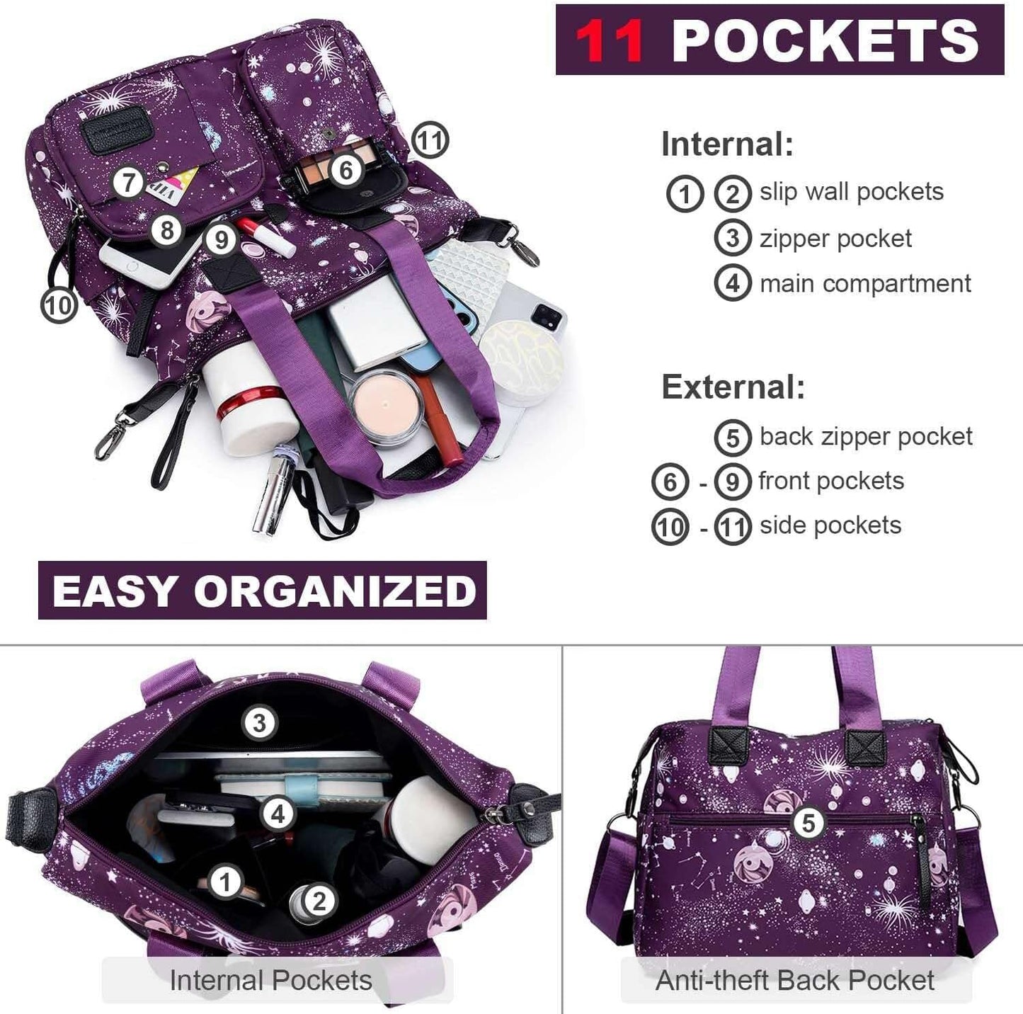 Tote Bag for Women,Large Capacity Top Handle Handbags with Multi Pockets & Zip,Lightweight Ladies Shoulder Bags,Waterproof Nylon Cross Body Messenger Bag for Work, Travel