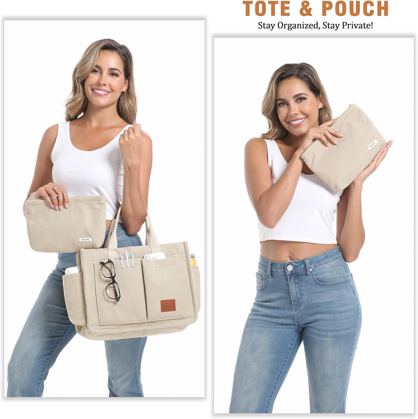 Corduroy Tote Bags for Women with Zipper, Large Capacity Work Bags Shoulder for School, Travel, College, Teacher with Adjustable Strap & Pockets