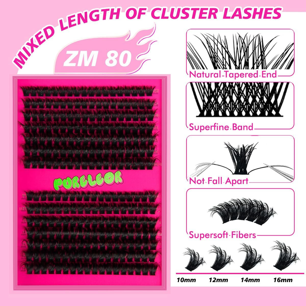 Cluster Lashes Kit Eyelashes Fluffy 80D Set Including Bond and Seal Tweezers DIY Individual Lash Clusters at Home False Eyelash Extension(10Mm 12Mm 14Mm 16Mm)