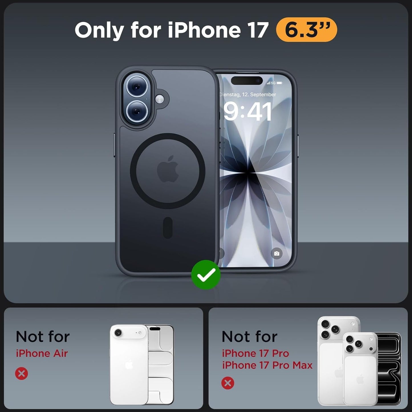 for Iphone 17 Case with Magsafe [With 9H+Screen Protector & Strong Magnet] Military-Grade Protection Shockproof Scratch-Resistant with Velvet Touch for Iphone 17 Cover 6.3", Matte Black