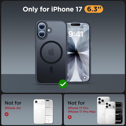 for Iphone 17 Case with Magsafe [With 9H+Screen Protector & Strong Magnet] Military-Grade Protection Shockproof Scratch-Resistant with Velvet Touch for Iphone 17 Cover 6.3", Matte Black