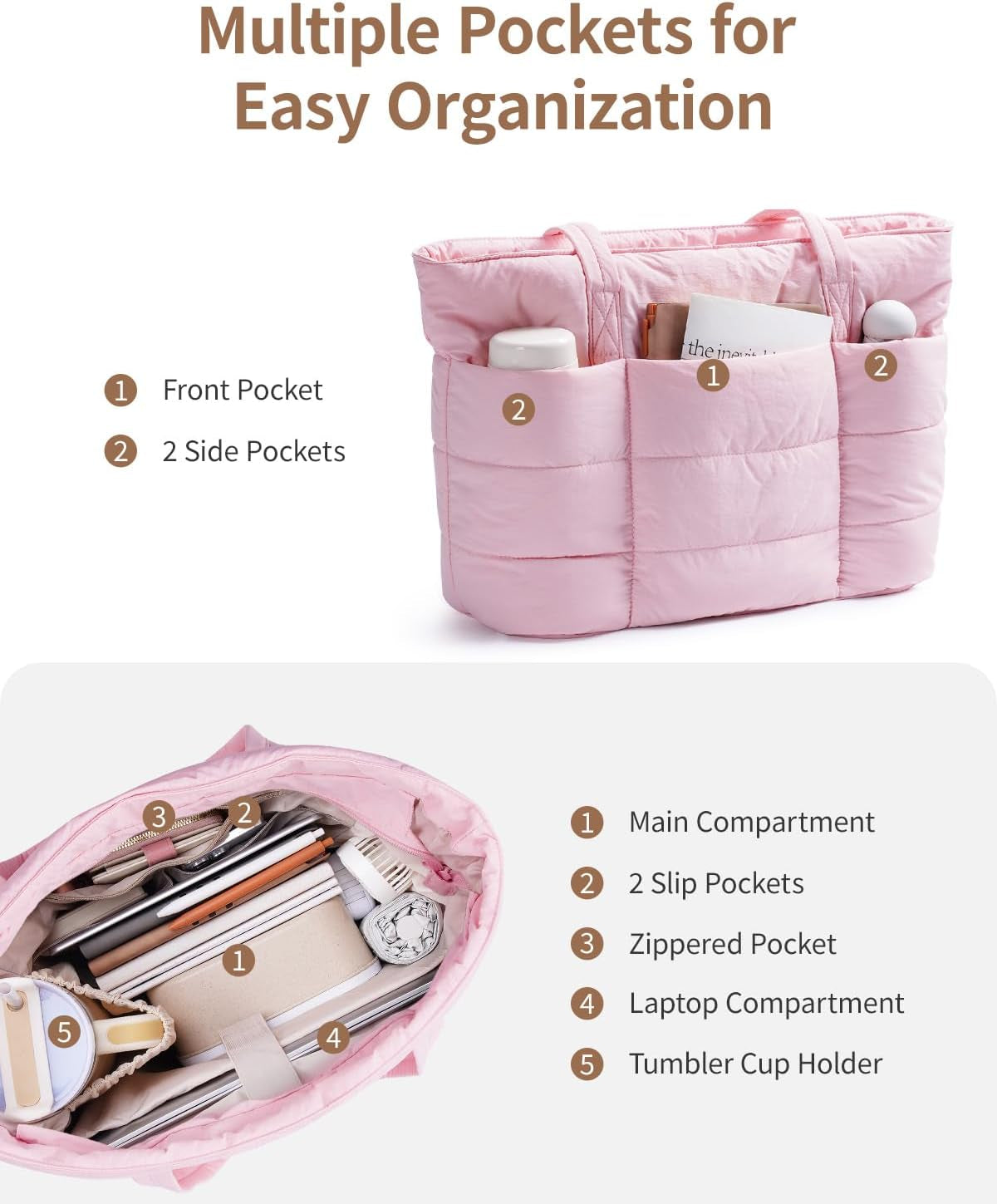 Tote Bags for Women, Ladies Handbags & Shoulder Bags, School Work Laptop Bags for Women, Quilted Puffer Teacher Hand Bag for College Shopping Travel Gym Beach