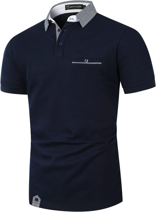 Men'S Short Sleeve Polo Shirts Classic Plaid Splice Golf Tennis T-Shirt