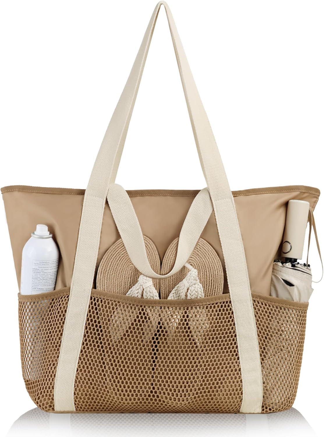 Beach Tote Bag for Women with Zip and Pockets Large Waterproof Mesh Holiday Handbag for Travel Swimming Pool Shopping Gym