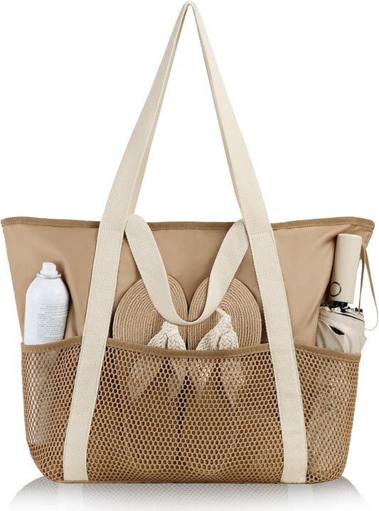 Beach Tote Bag for Women with Zip and Pockets Large Waterproof Mesh Holiday Handbag for Travel Swimming Pool Shopping Gym