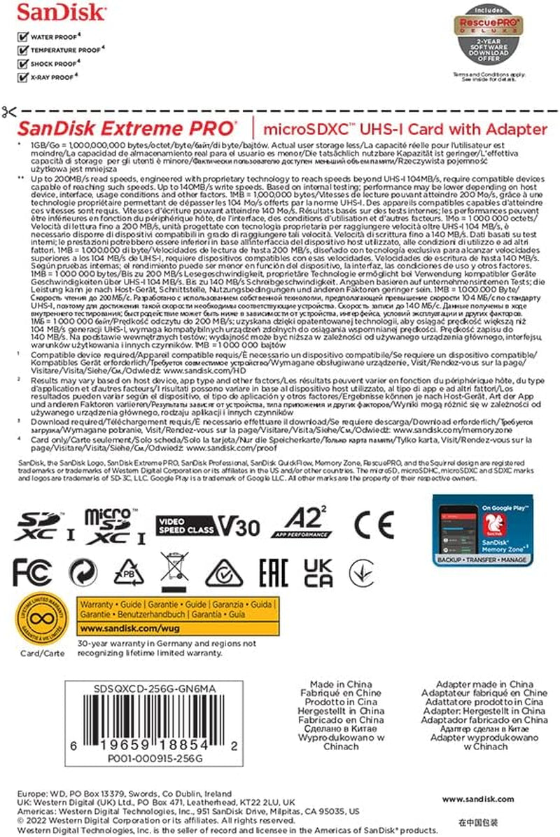 Extreme PRO Micro SD Card 256GB + SD Adapter (For Smartphones, Action Cams, Drones, Speeds up to 200 Mb/S, A2 App Performance + Rescuepro Deluxe UHS-I, Class 10, U3)