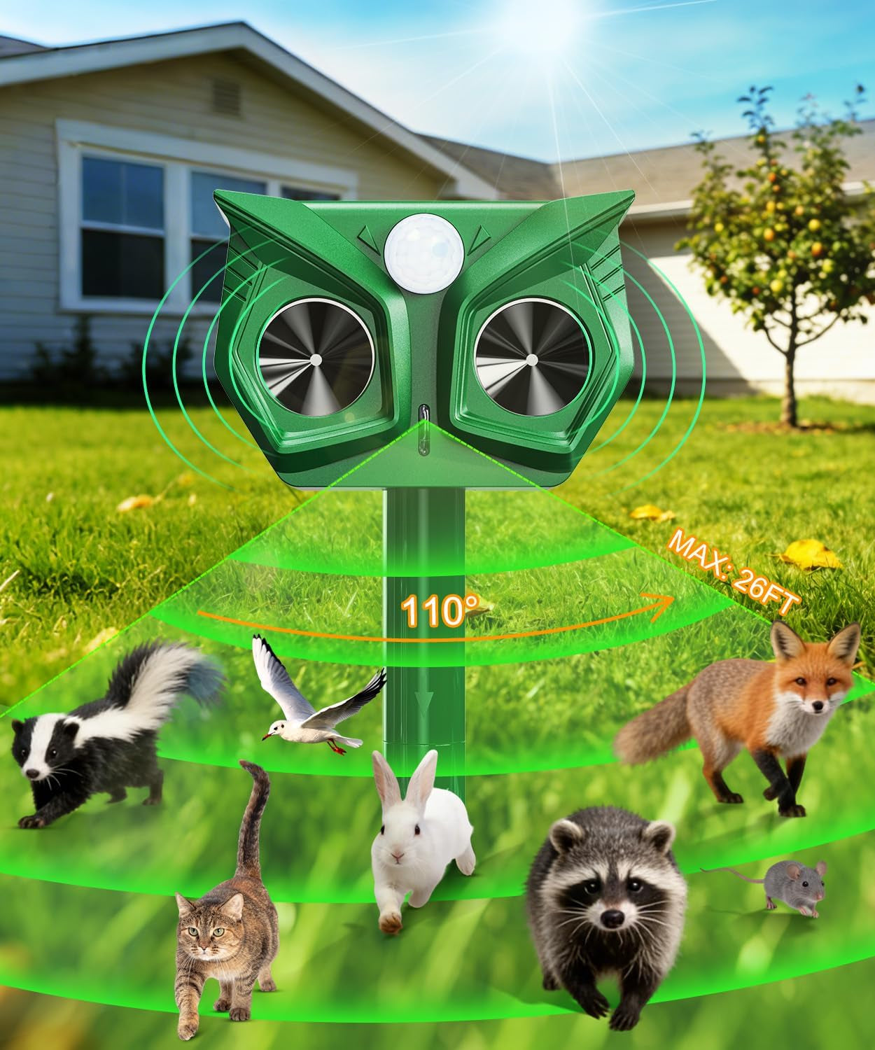 Cat Repellent for Gardens UK, Ultrasonic Cat Scarer Solar Powered & USB Charged with PIR Motion Sensor, LED Flash, Waterproof, 5 Frequency Modes, Deterrent for Cats Dogs Birds Foxes Squirrels
