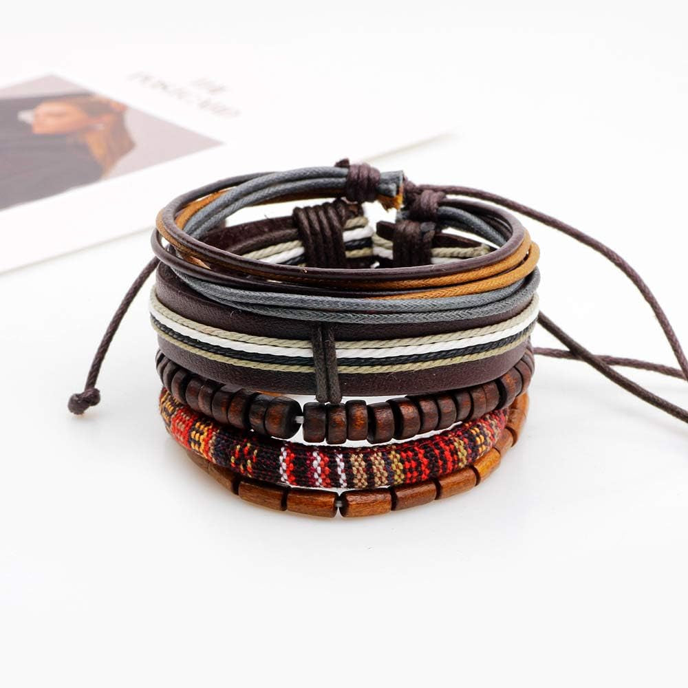 Unisex Mixed Bracelets Adjustable Handmade Multi Strand Braided Cowhide Bracelets Woven Leather Wristbands Wooden Beads Bracelet Wrist(1Set of 5 Pcs)