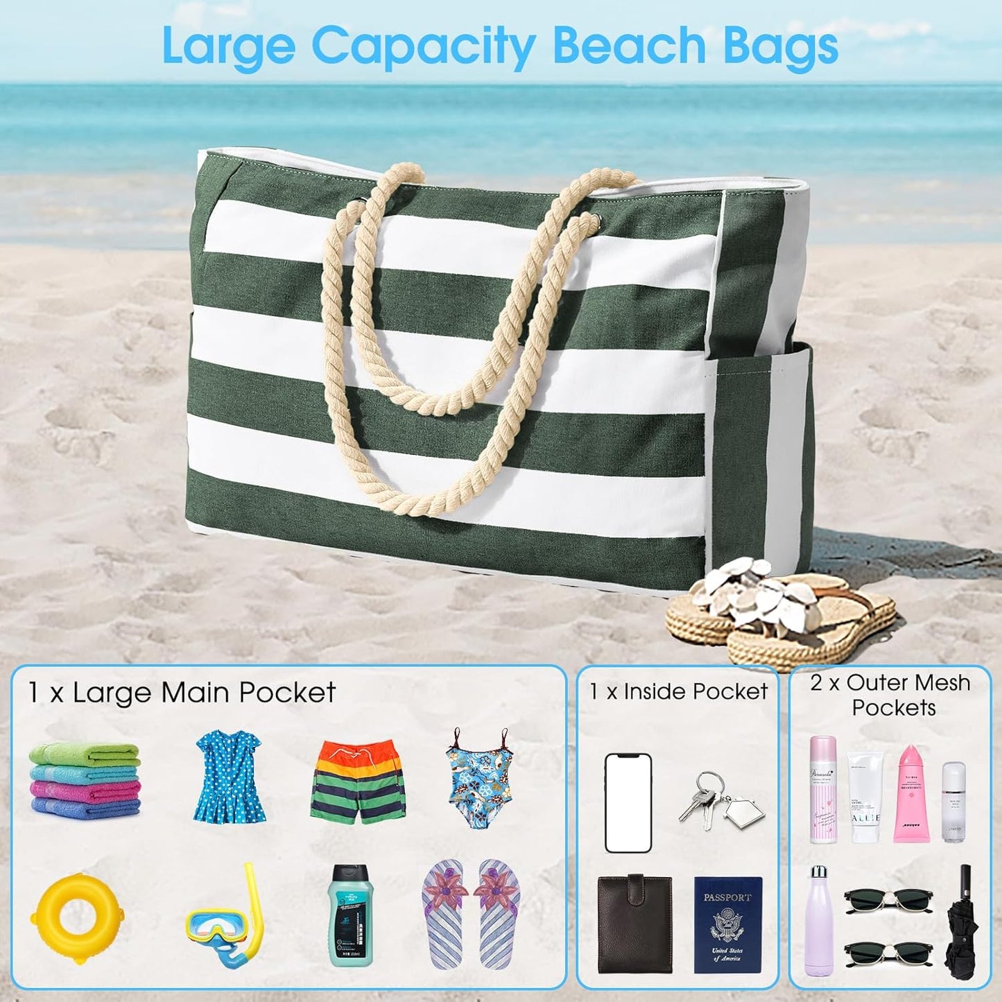 Beach Bag Large Waterproof Beach Tote Bags with Zip and Rope Handle Summer Holiday Essentials Shoulder Handbags for Travel Shopping Pool Gym Picnic