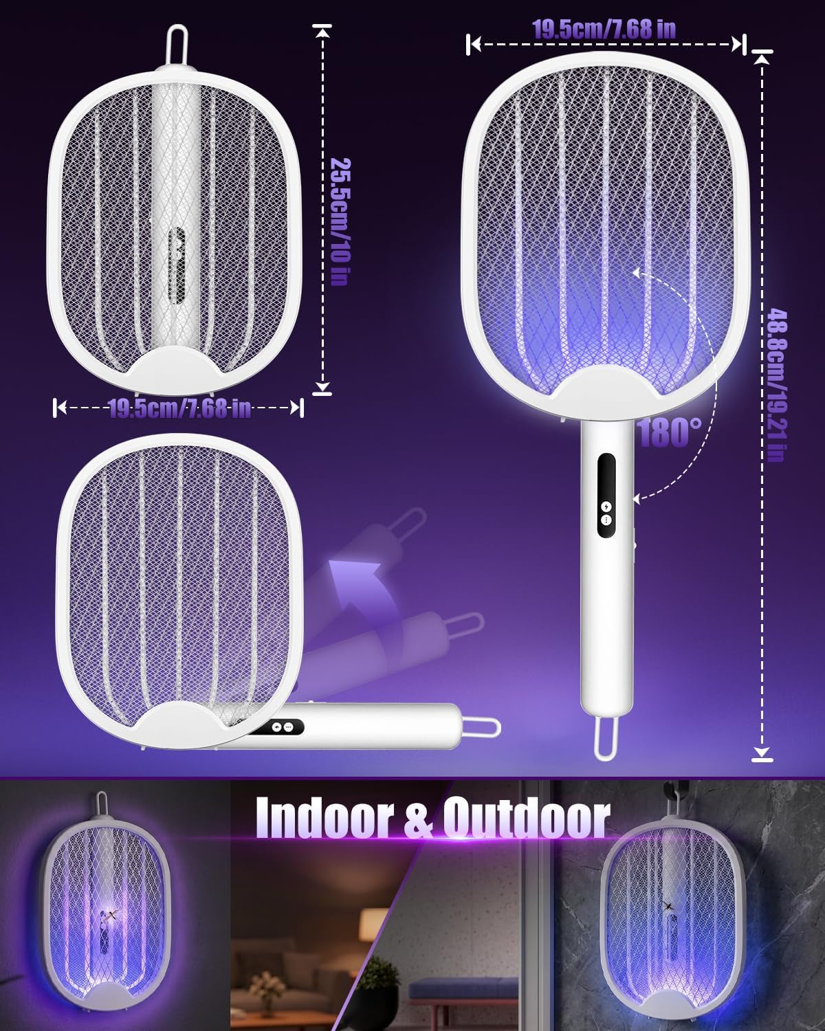 Fly Zapper, Foldable Electric Mosquito Swatter 4000V, 1800Mah Rechargeable Bug Zapper Racket with Auto & Manual Mode, 180° Portable Mosquito Killer, Safe 3-Layer Mesh for Indoor & Outdoor Use