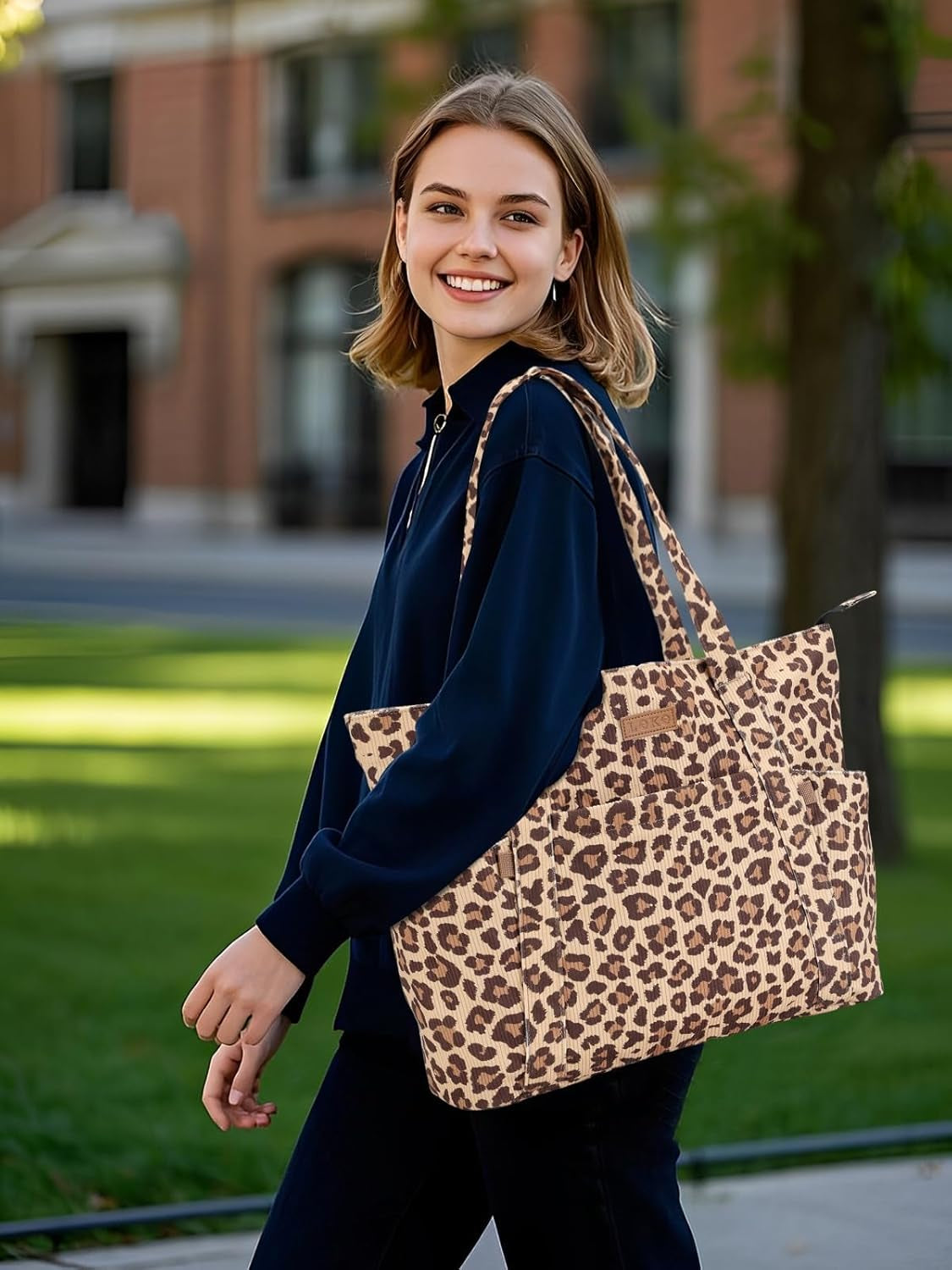 Laptop Tote Bag for Women - Large Capacity Corduroy Shoulder Bag with Zip and Pocket for College School Work Travel Shopping