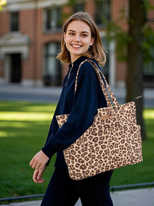 Laptop Tote Bag for Women - Large Capacity Corduroy Shoulder Bag with Zip and Pocket for College School Work Travel Shopping