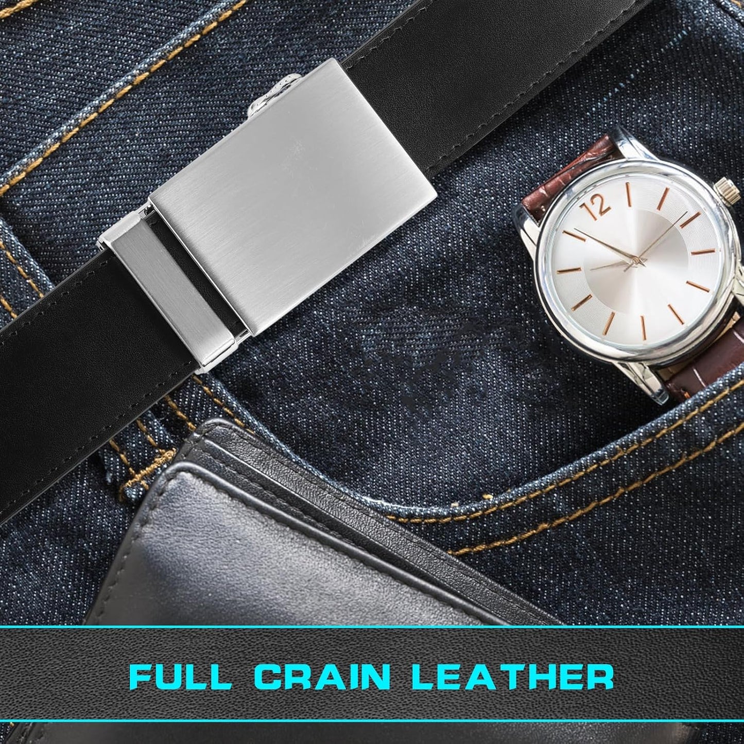 Men'S Belt, Slide Ratchet Belt for Men with Leather 1 3/8" Width 3.5Cm,Trim to Fit