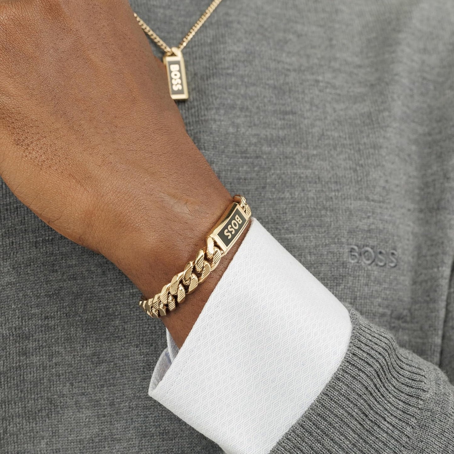 BOSS Jewelry Men'S KASSY EMBLEM Collection Chain Bracelet in Stainless Steel with a Black Enamel Pendant – Available in Different Sizes