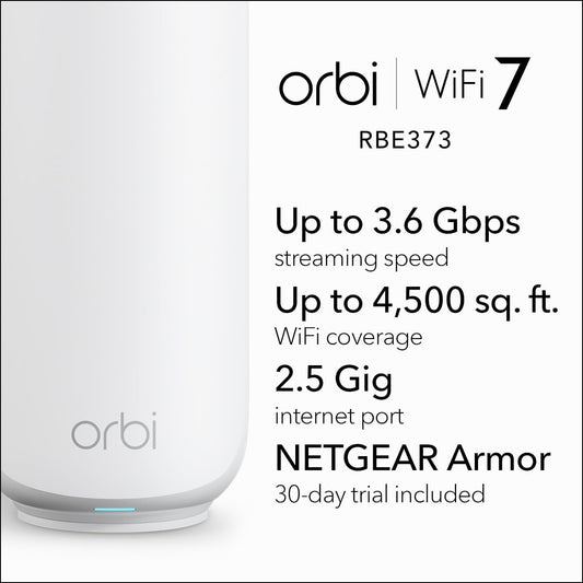 Orbi 370 Series | Wifi 7 Mesh System | RBE373 | Mesh Wifi Router + 2 Satellites | up to 3.6 Gbps Speed | Covers 4,500 Sq. Ft | 70 Devices | 2.5GB Internet Port | Dual Band BE3600