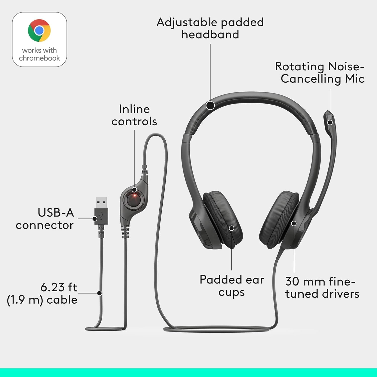 H390 Wired Headset for Pc/Laptop, Stereo Headphones with Noise Cancelling Microphone, USB-A, In-Line Controls, Works with Chromebook - Black