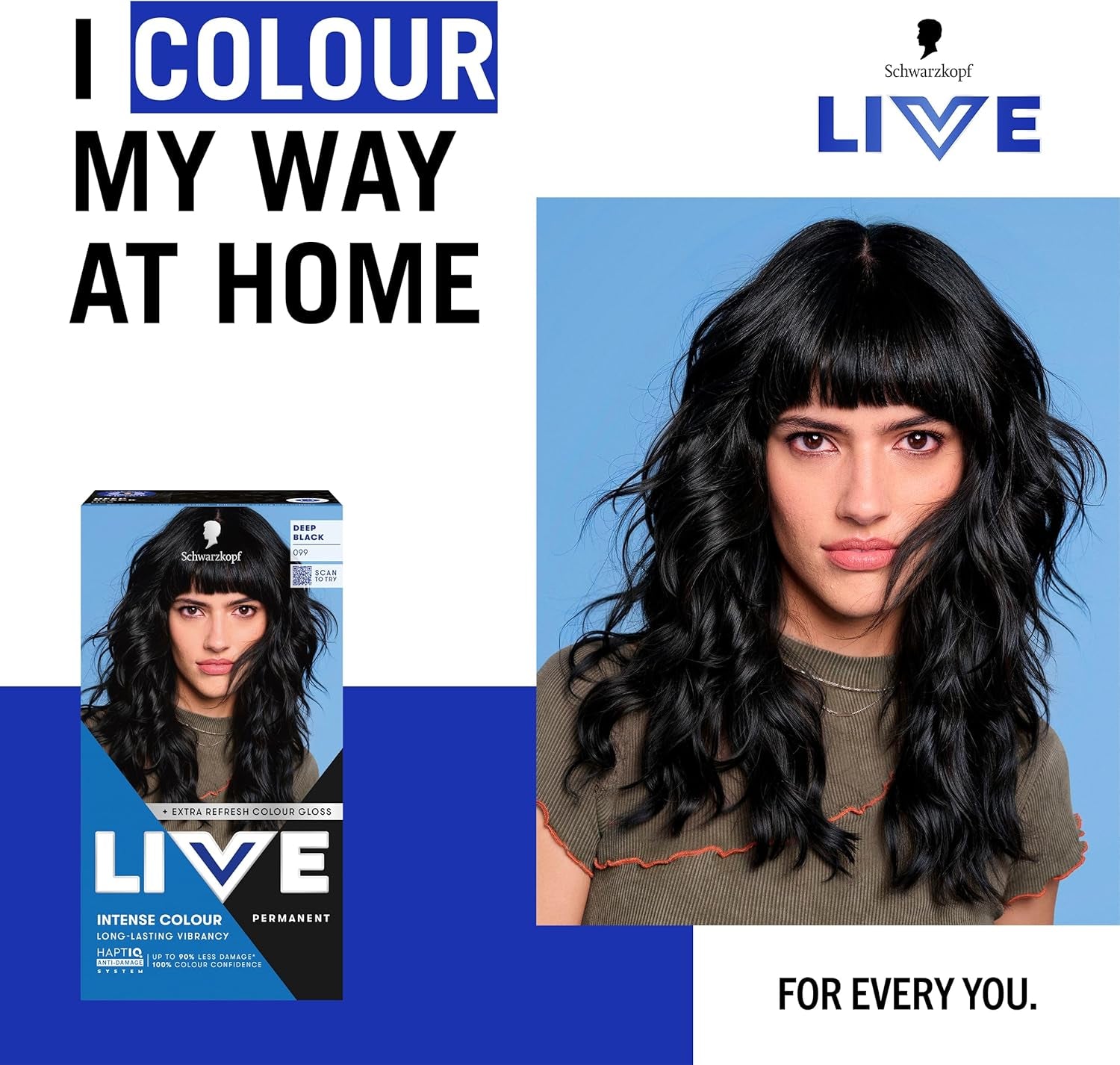 Schwarzkopf  Intense Colour 099 Deep Black, Long-Lasting Permanent Black Hair Dye, with Extra Colour Refresh Gloss