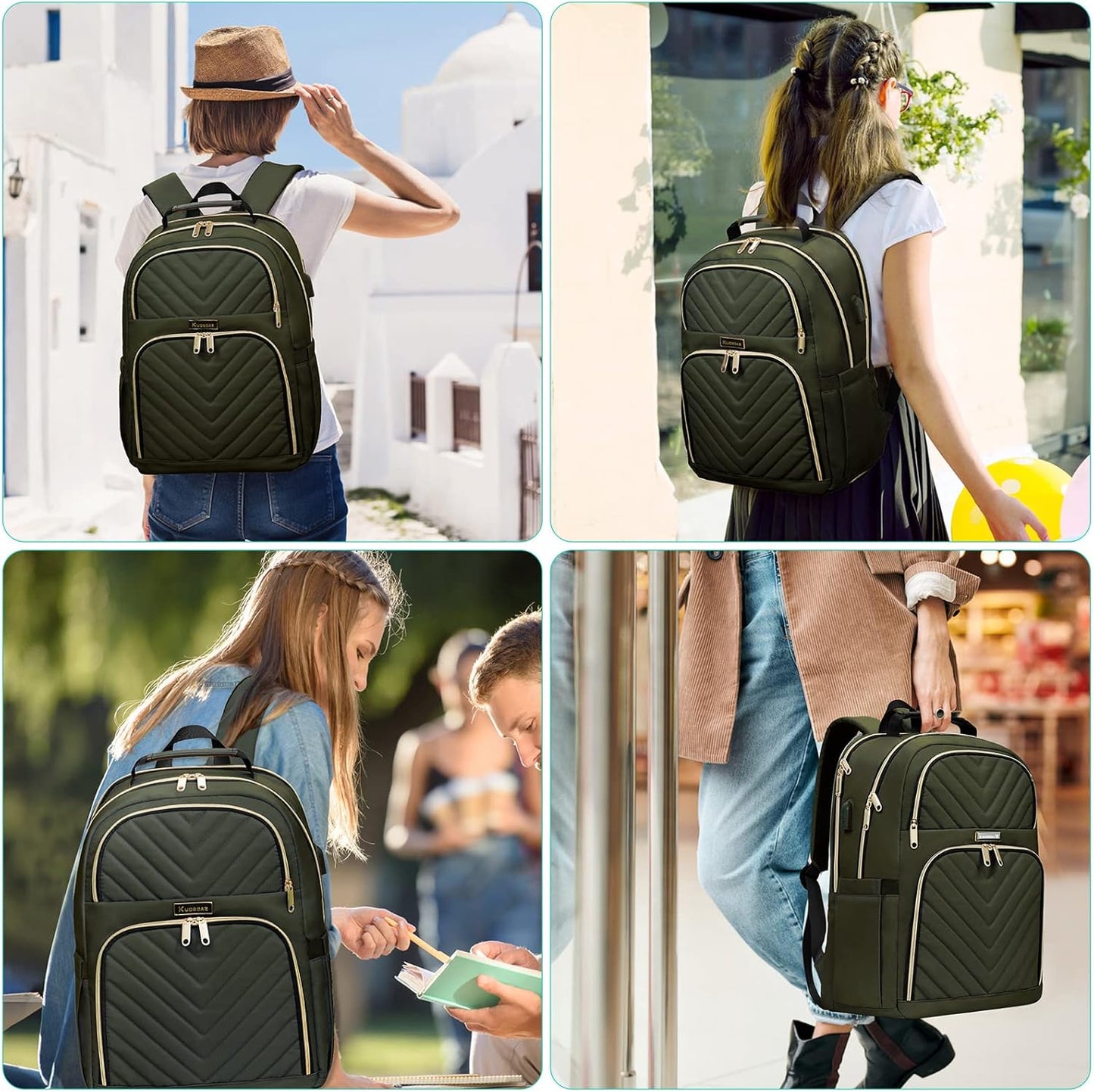 Women'S Backpack, 15.6 Inch School Backpack for Girls, Teenagers with Charging Port, Laptop Backpack, Stylish Daypack, Waterproof for School, University, Travel, Work, Olive Green